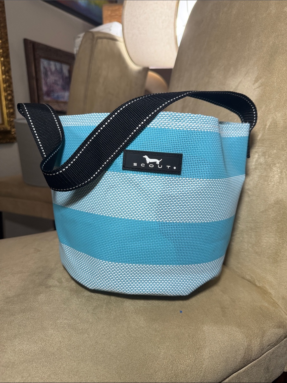 Scout Wide-Striped Tote in Aqua and White with Black Strap